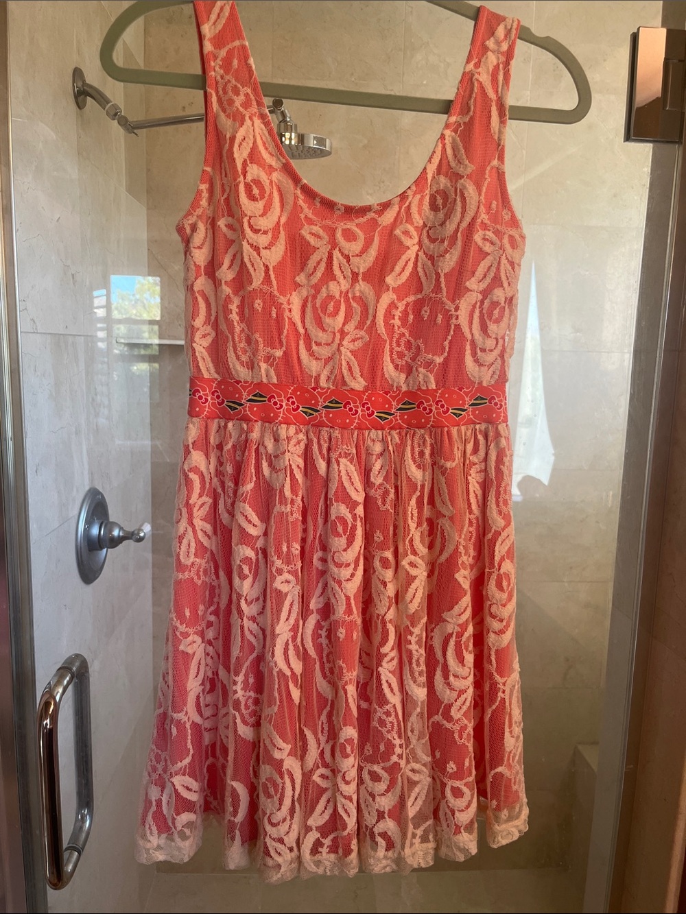 HK Coral Pink Lace Fit & Flare Dress with Floral Waistband